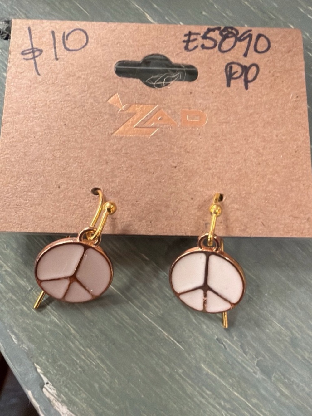 Gold Peace Sign Enamel Drop Earrings - White & Light Pink
